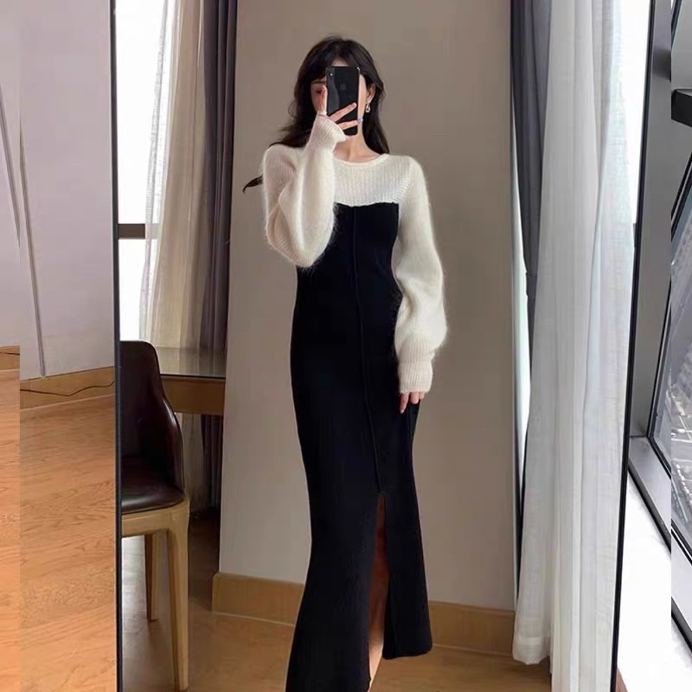 Long Sweater Knit Dress Black and White